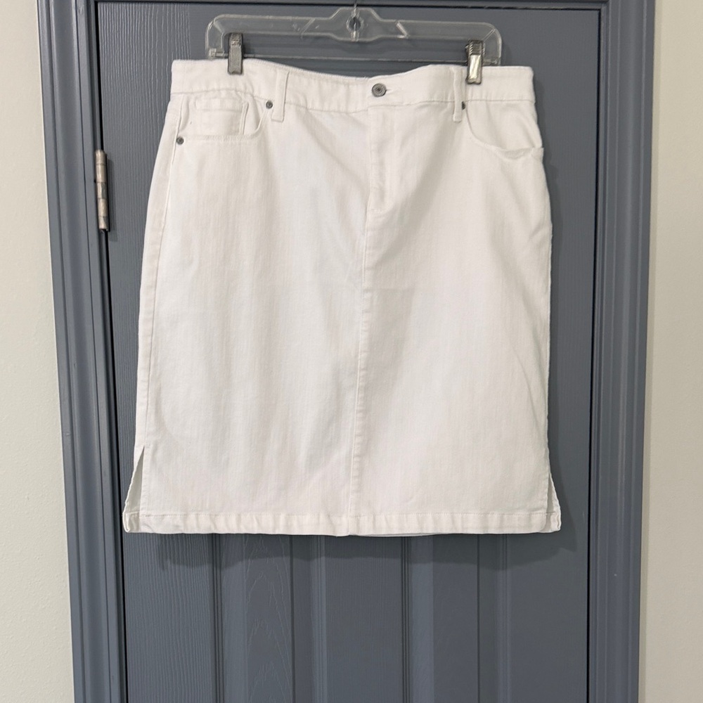Chico’s White Mini Denim Skirt.